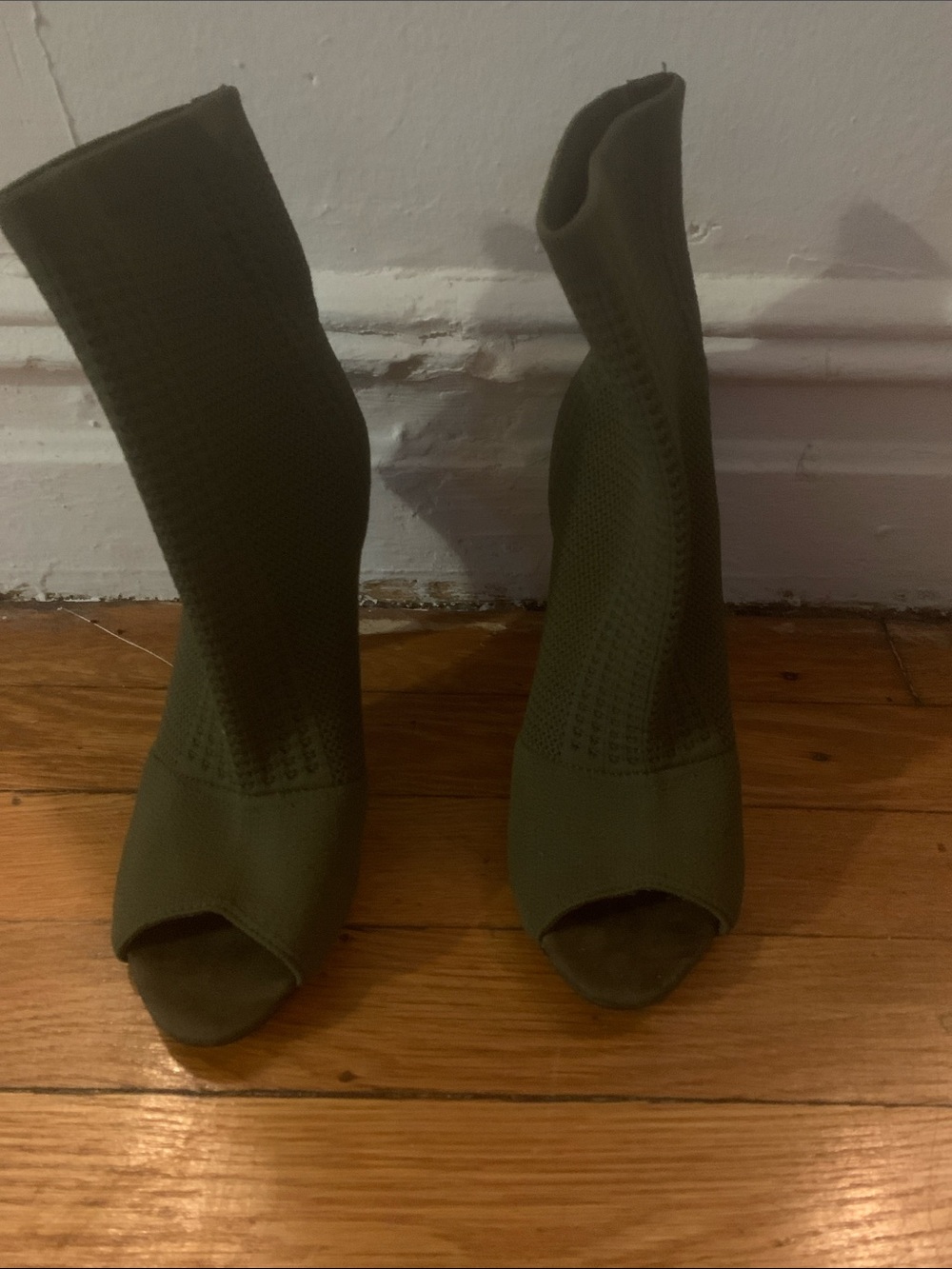 Catherine Malandrino Olive Green Knit Peep-Toe Sock Boots